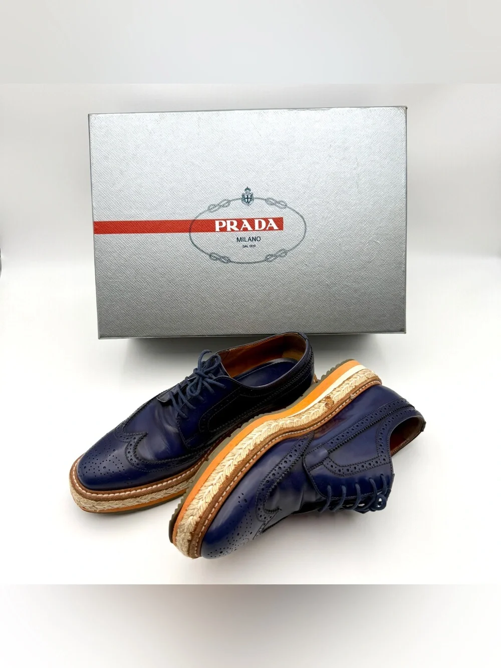 Prada Navy Blue Platform Leather Wingtip Brogue Oxford Women’s 38 Creeper Shoes